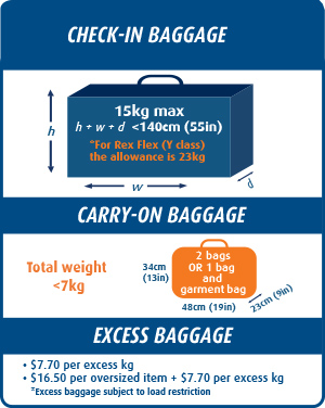 baggage excess kg rex additional fee each 15kg allowance per dimension limit piece gst levied inc au